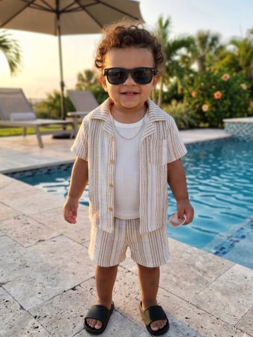 NWT 🏖 Bearpaw 2 Pc Set Baby Striped Button Up Top & Shorts Beach Colors 18 Mos